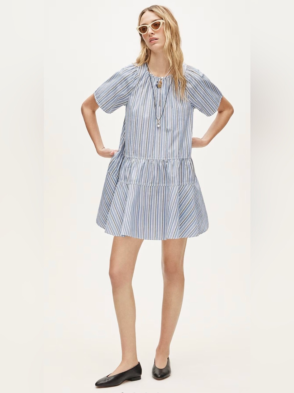 J.CREW TIERED POPOVER DRESS IN STRIPED COTTON POPLIN, SIZE L, NWT.